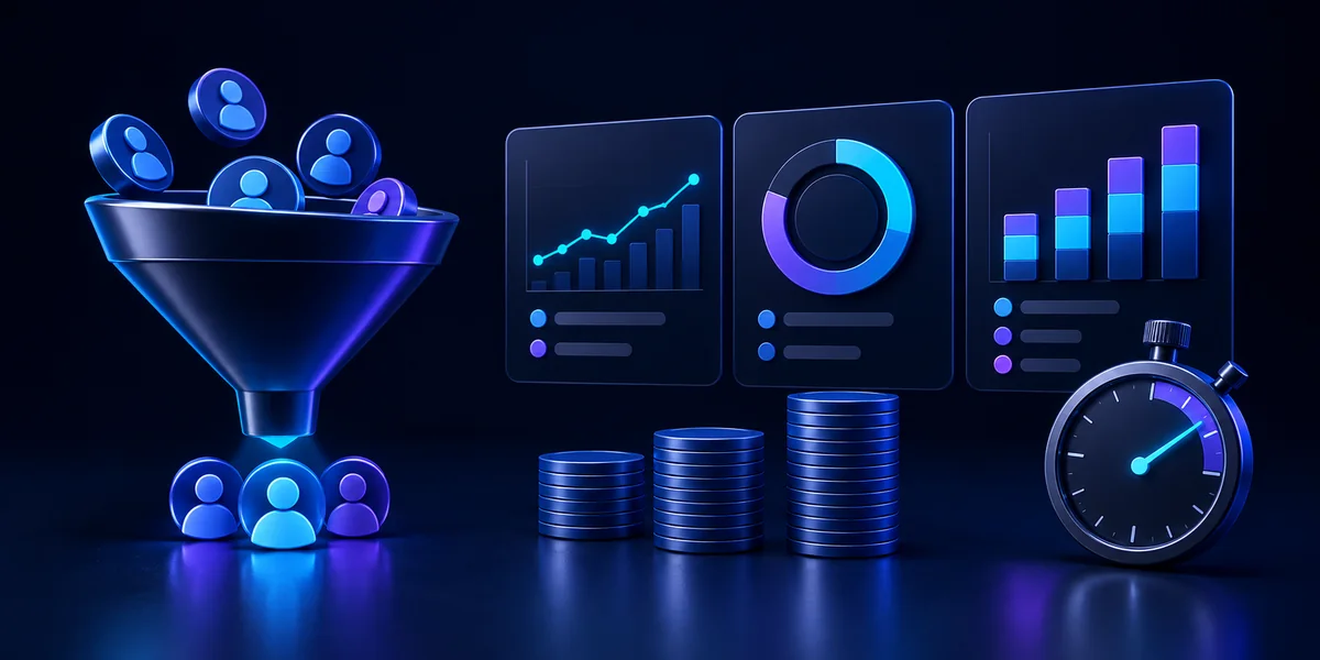 Funil de aquisição, clientes, gráficos, margem e cronômetro em uma ilustração editorial azul e violeta