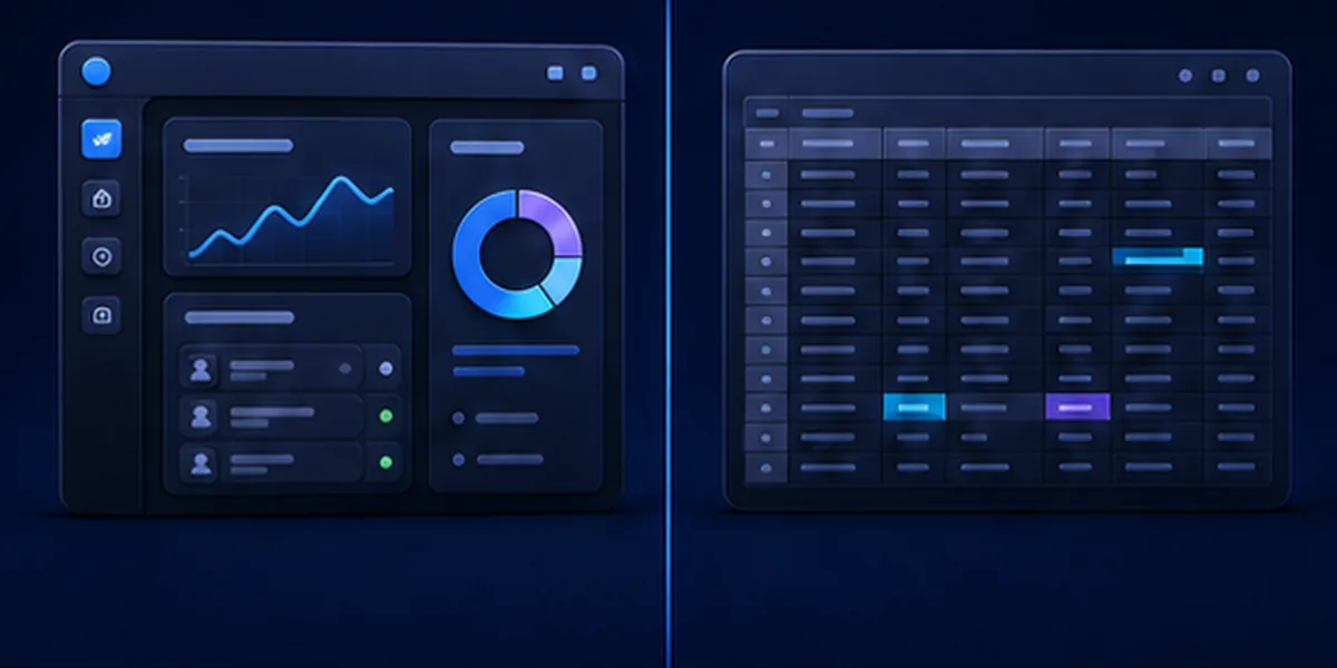 Comparação visual entre um painel de gerenciamento e uma planilha de controle