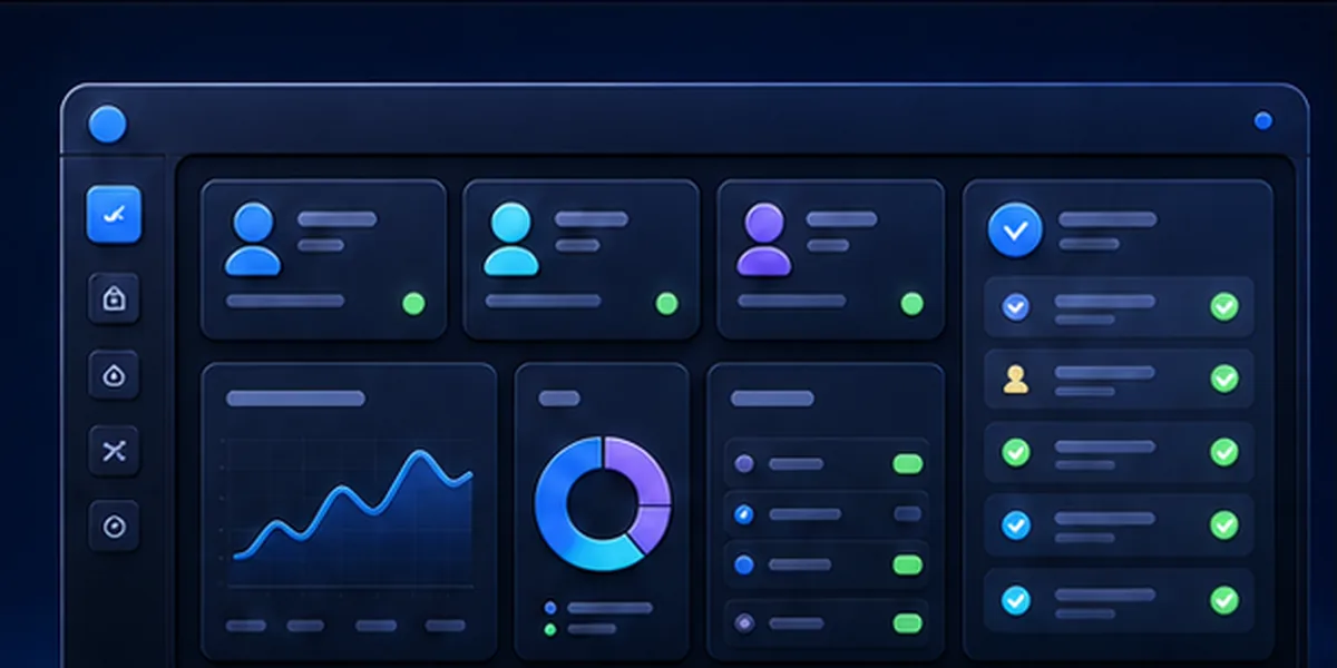 Painel moderno com clientes, testes, assinaturas, indicadores e status de atendimento