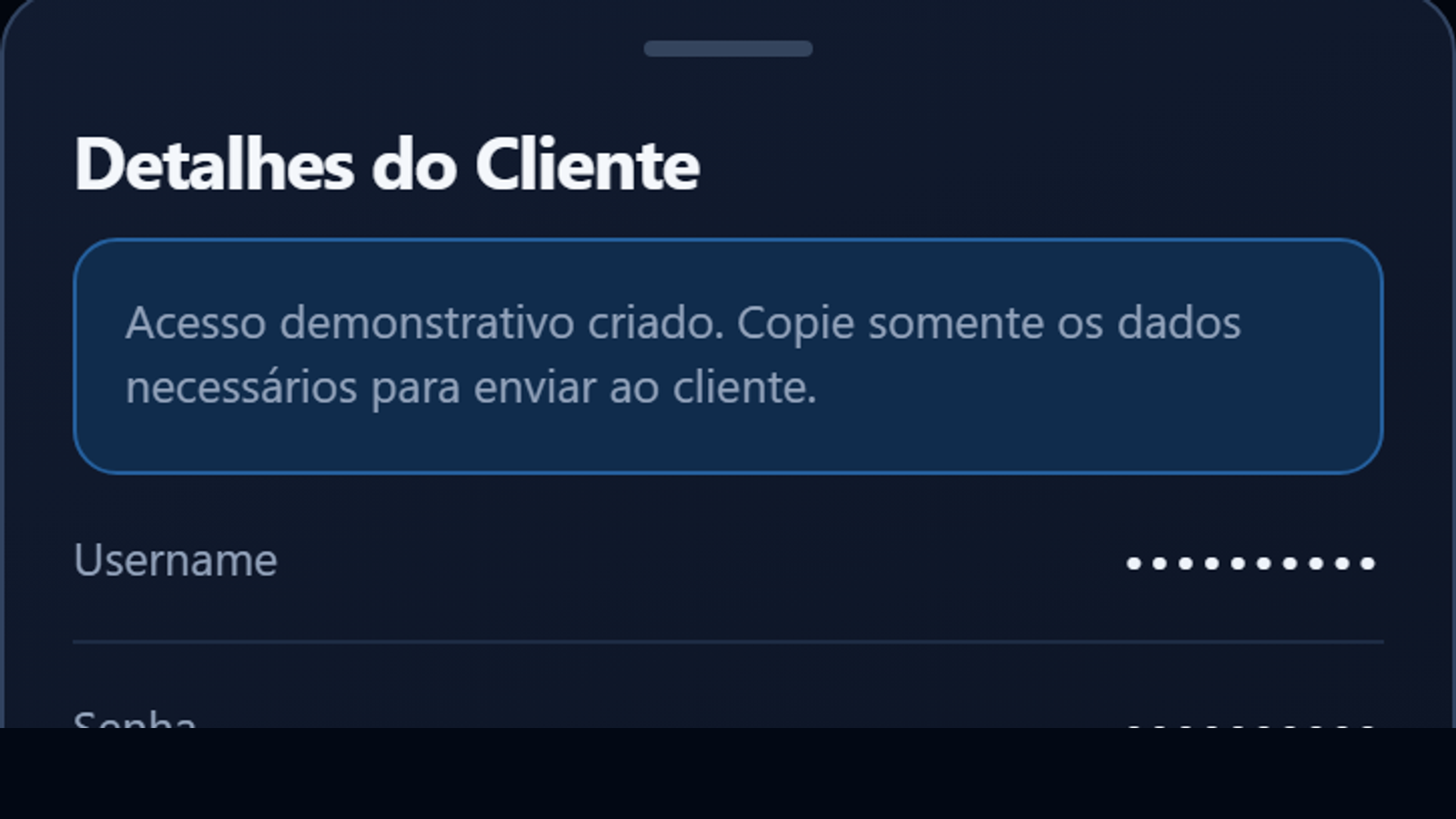 Recriação sanitizada dos detalhes do cliente com credenciais totalmente mascaradas